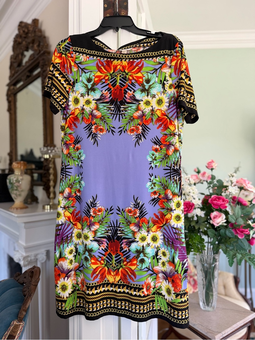 Floral Print Short Sleeve Shift Dress - Lavender multicolor by ECI New York